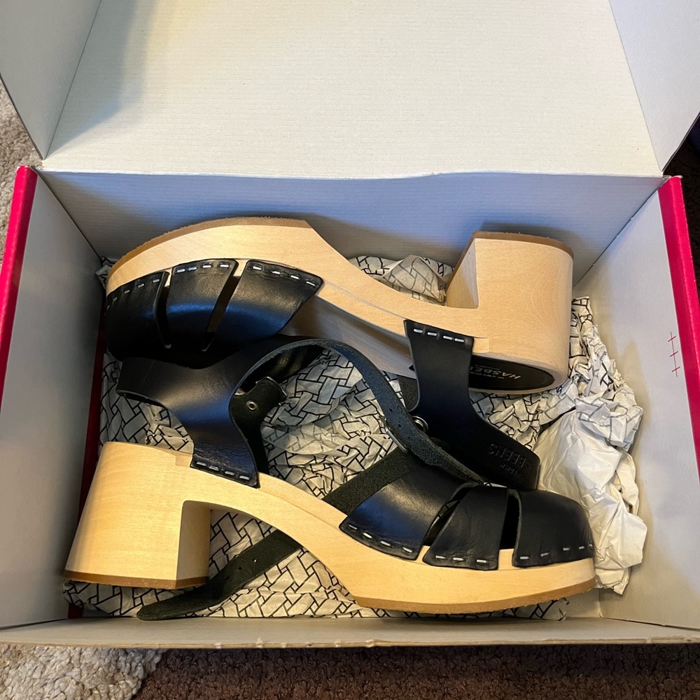 Swedish Hasbeens heeled clogs baskemslla high black 38